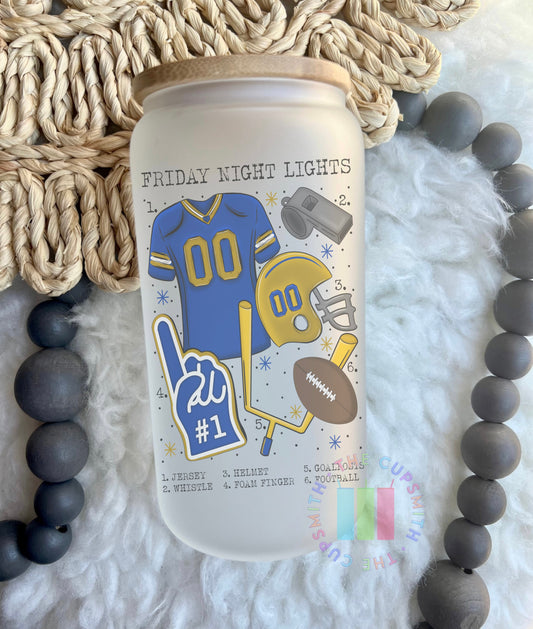 Blue and Gold Football glass can cup